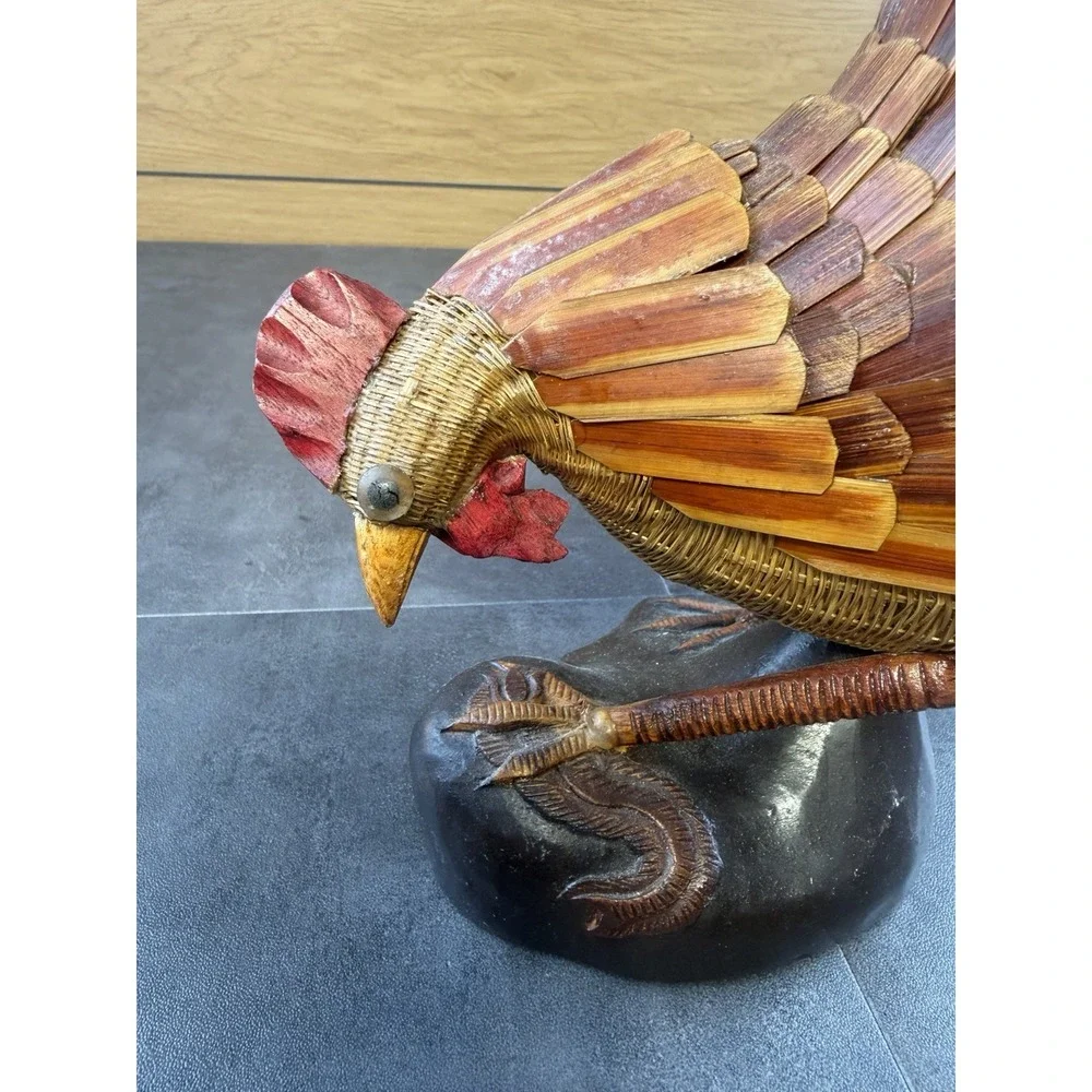 VTG 1970's Shanghai Handicrafts Woven Bamboo Rooster Chicken Basket China